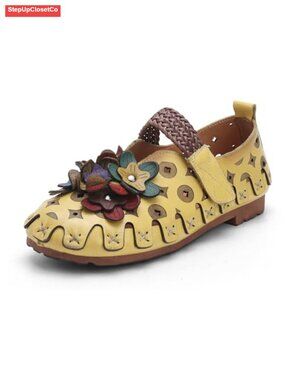Womens Flats Cowhide Woven Mary Jane Breathable Closed Toe Walking Shoes